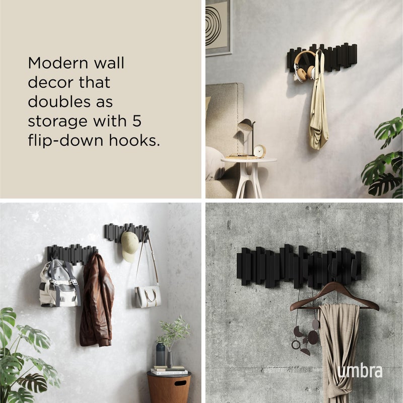 Umbra Sticks Wall-Mounted Coat Rack Rail Hook with 5 Retractable Pegs â€“ Modern, Space-Saving Storage Organizer, Black - Image 4